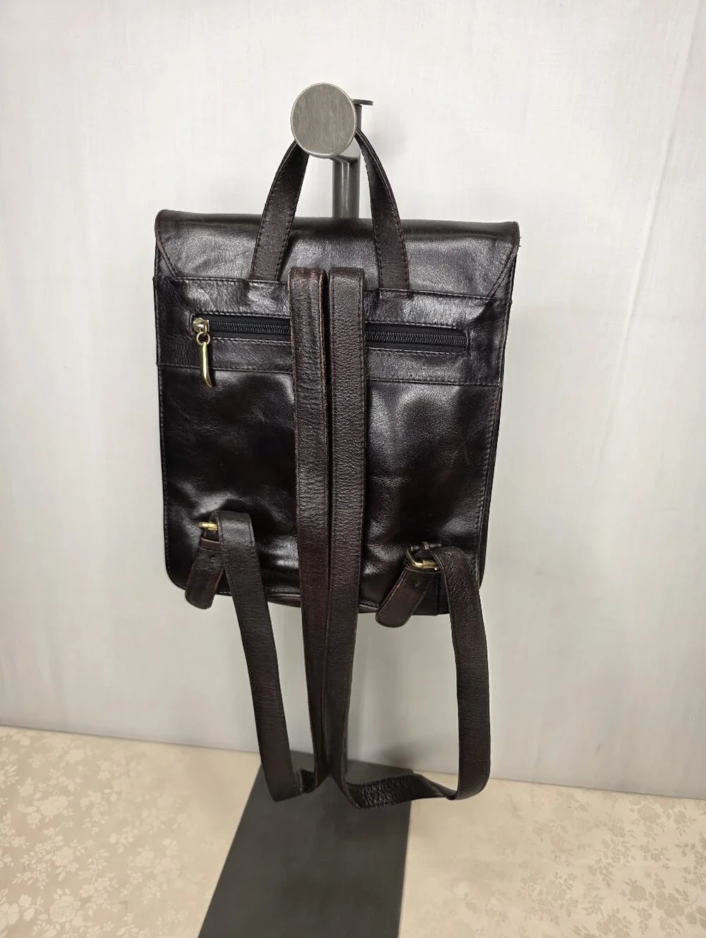Hidesign Vintage Dark Brown Leather Backpack Flap Plaid Lining Academic